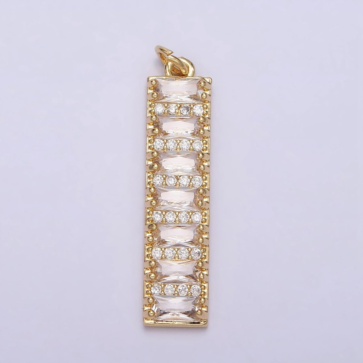 16K Gold plated 30mm Clear CZ Baguette Lined Micro Paved Band Tag Charm | AC1133 - DLUXCA