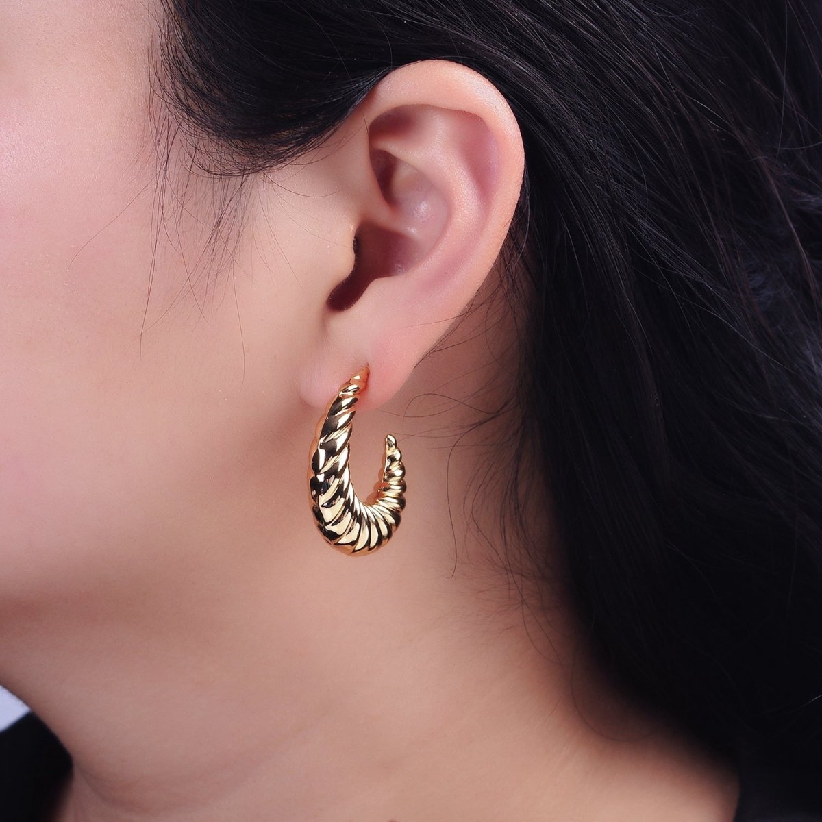 16K Gold plated 30mm Croissant J-Shaped Hoop Earrings | AE083 - DLUXCA