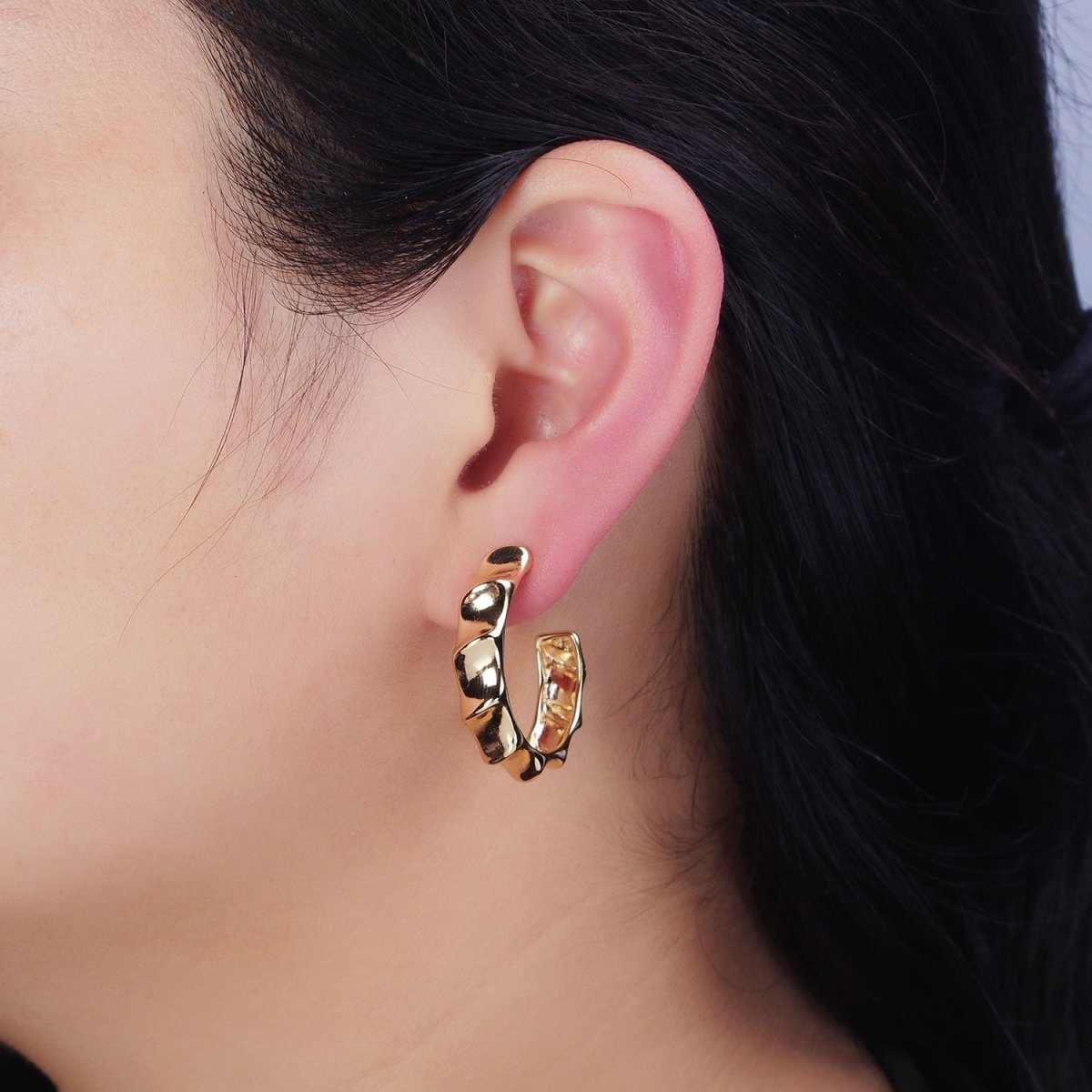 16K Gold plated 30mm Curve Edged Geometric C-Shaped Hoop Earrings in Gold & Silver | AE025 AE026