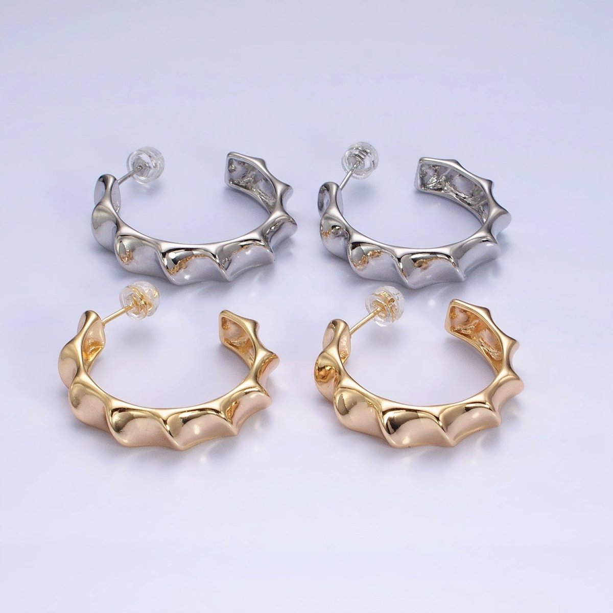16K Gold plated 30mm Curve Edged Geometric C-Shaped Hoop Earrings in Gold & Silver | AE025 AE026