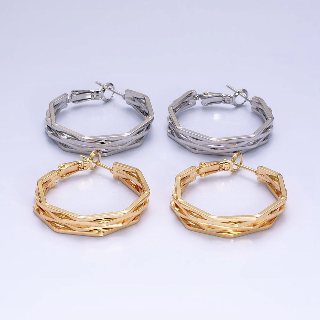 16K Gold plated 30mm Hexagonal Multiple Band Hinge Hoop Earrings in Gold & Silver | AE037 AE038 - DLUXCA