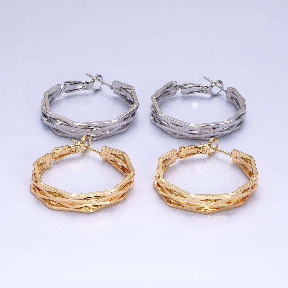 16K Gold plated 30mm Hexagonal Multiple Band Hinge Hoop Earrings in Gold & Silver | AE037 AE038 - DLUXCA