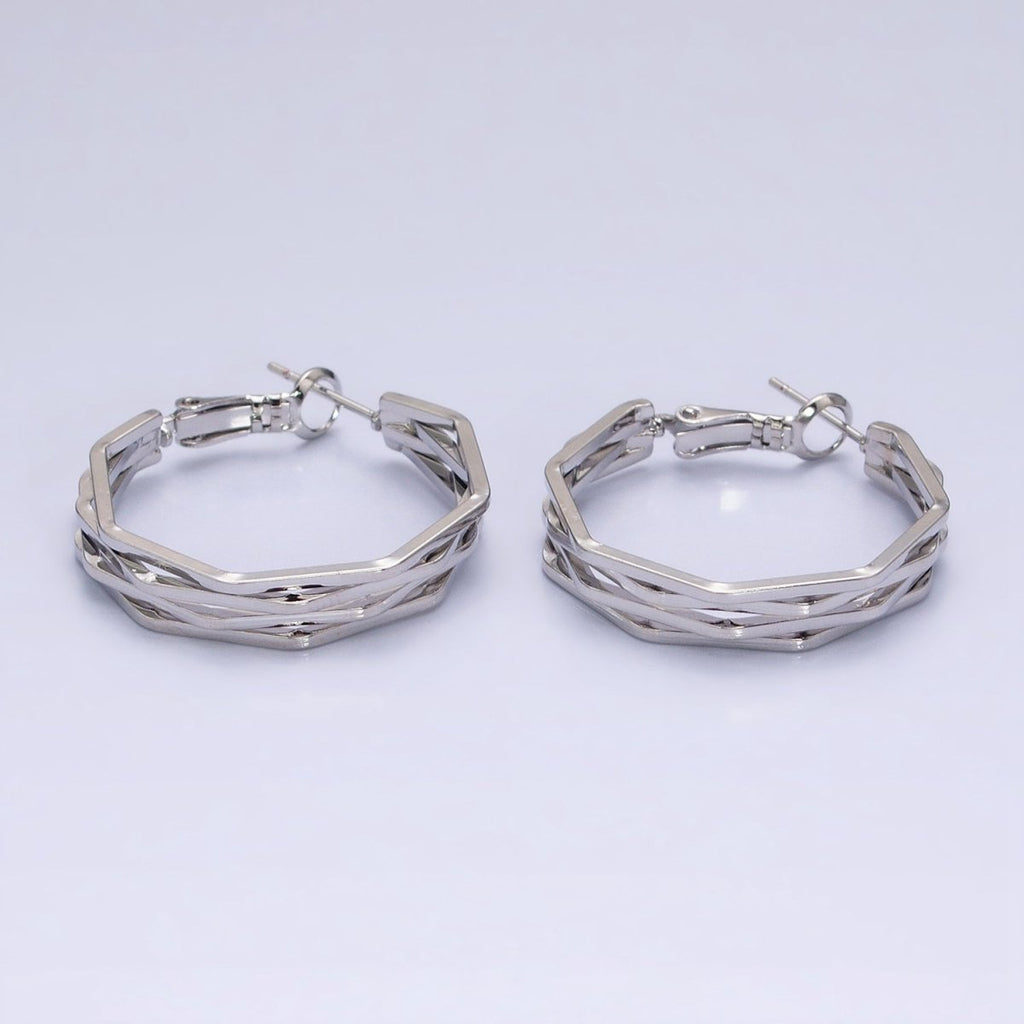 16K Gold plated 30mm Hexagonal Multiple Band Hinge Hoop Earrings in Gold & Silver | AE037 AE038 - DLUXCA