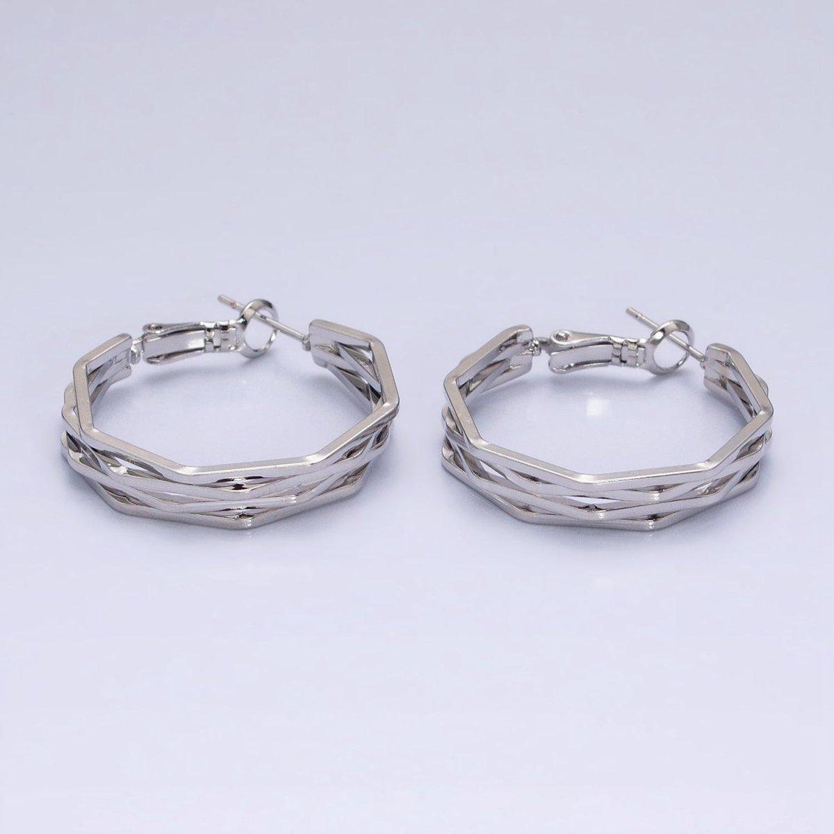 16K Gold plated 30mm Hexagonal Multiple Band Hinge Hoop Earrings in Gold & Silver | AE037 AE038 - DLUXCA