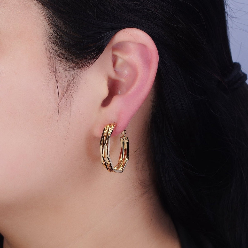 16K Gold plated 30mm Hexagonal Multiple Band Hinge Hoop Earrings in Gold & Silver | AE037 AE038 - DLUXCA