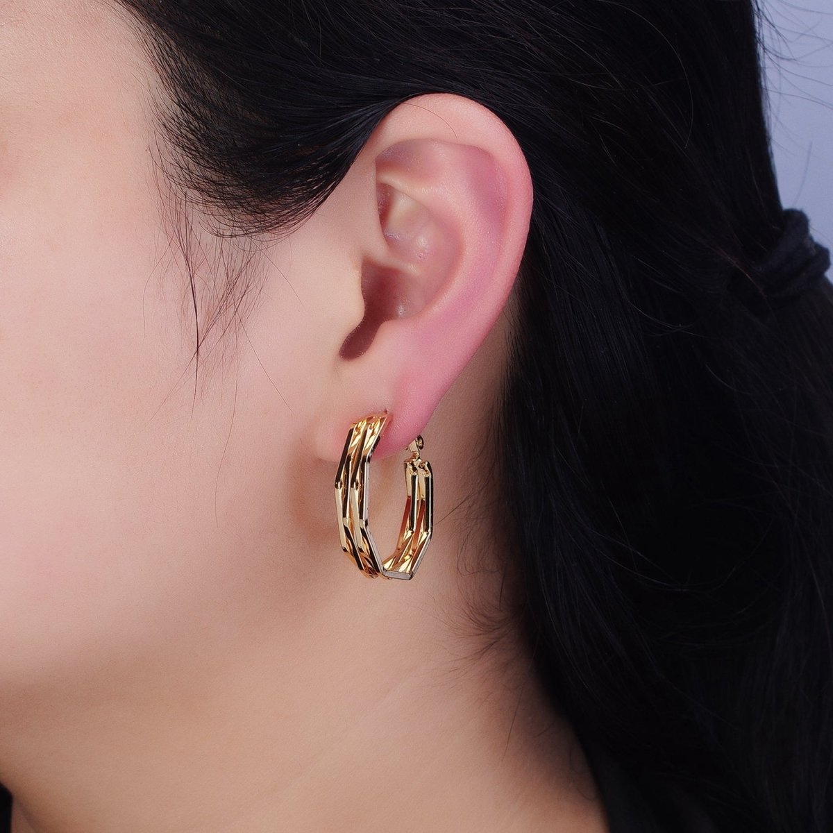 16K Gold plated 30mm Hexagonal Multiple Band Hinge Hoop Earrings in Gold & Silver | AE037 AE038 - DLUXCA