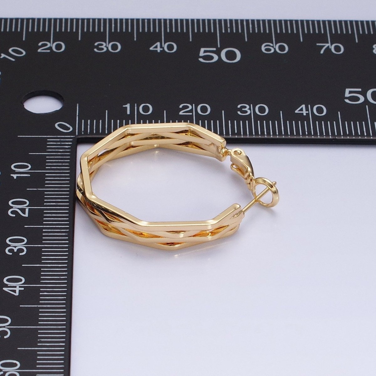 16K Gold plated 30mm Hexagonal Multiple Band Hinge Hoop Earrings in Gold & Silver | AE037 AE038 - DLUXCA