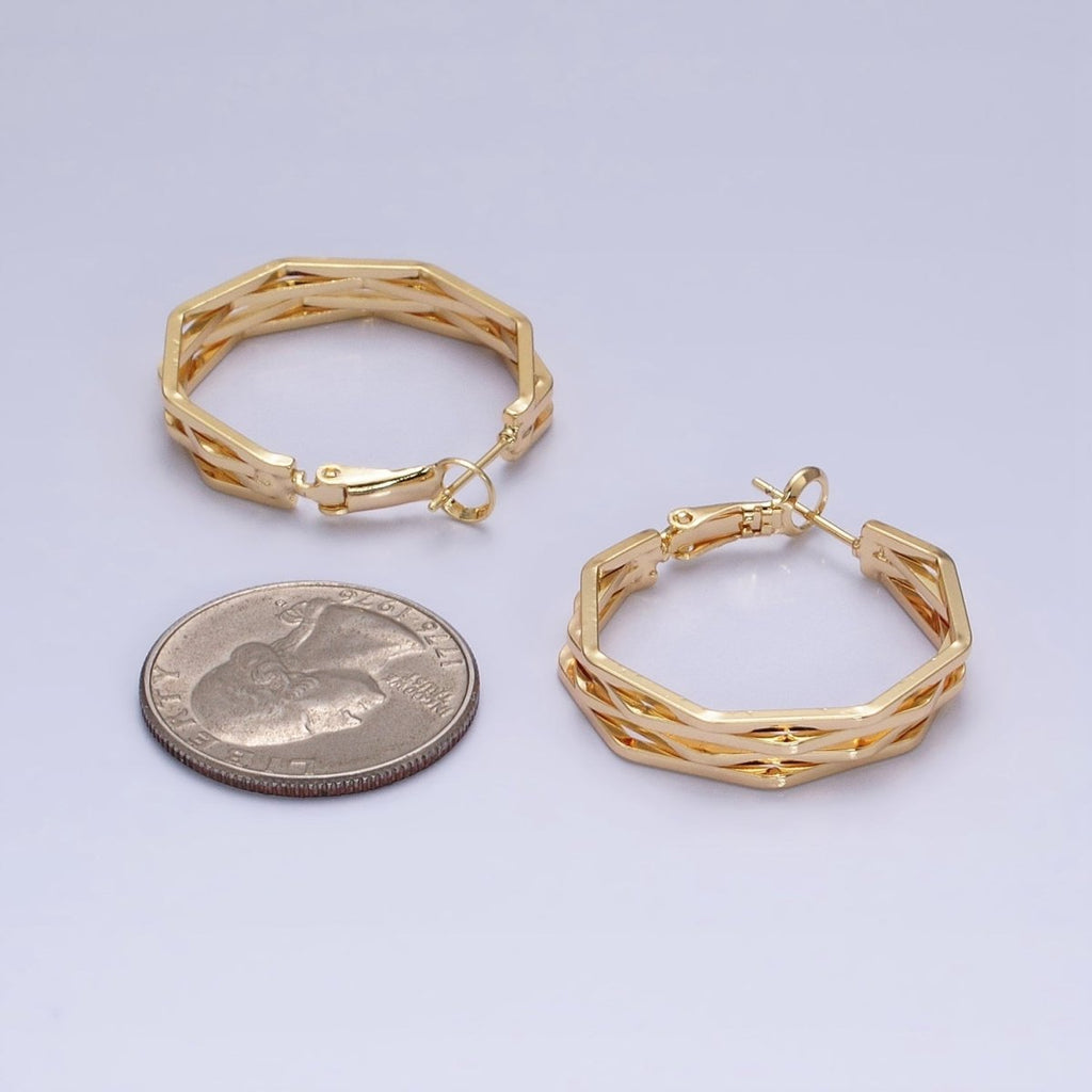 16K Gold plated 30mm Hexagonal Multiple Band Hinge Hoop Earrings in Gold & Silver | AE037 AE038 - DLUXCA