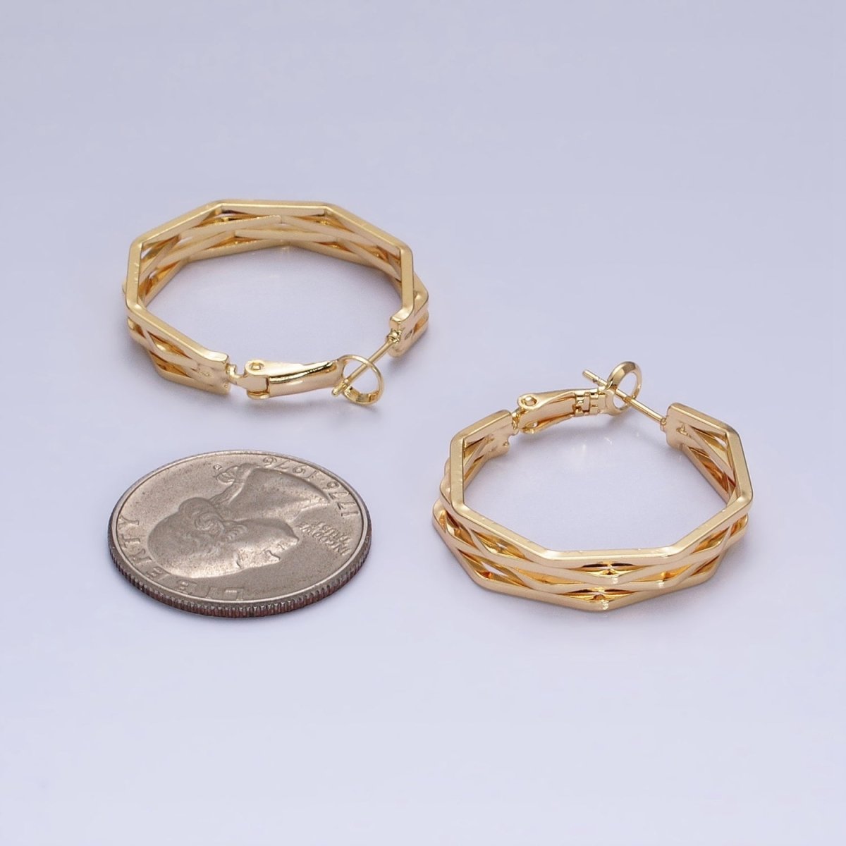 16K Gold plated 30mm Hexagonal Multiple Band Hinge Hoop Earrings in Gold & Silver | AE037 AE038 - DLUXCA