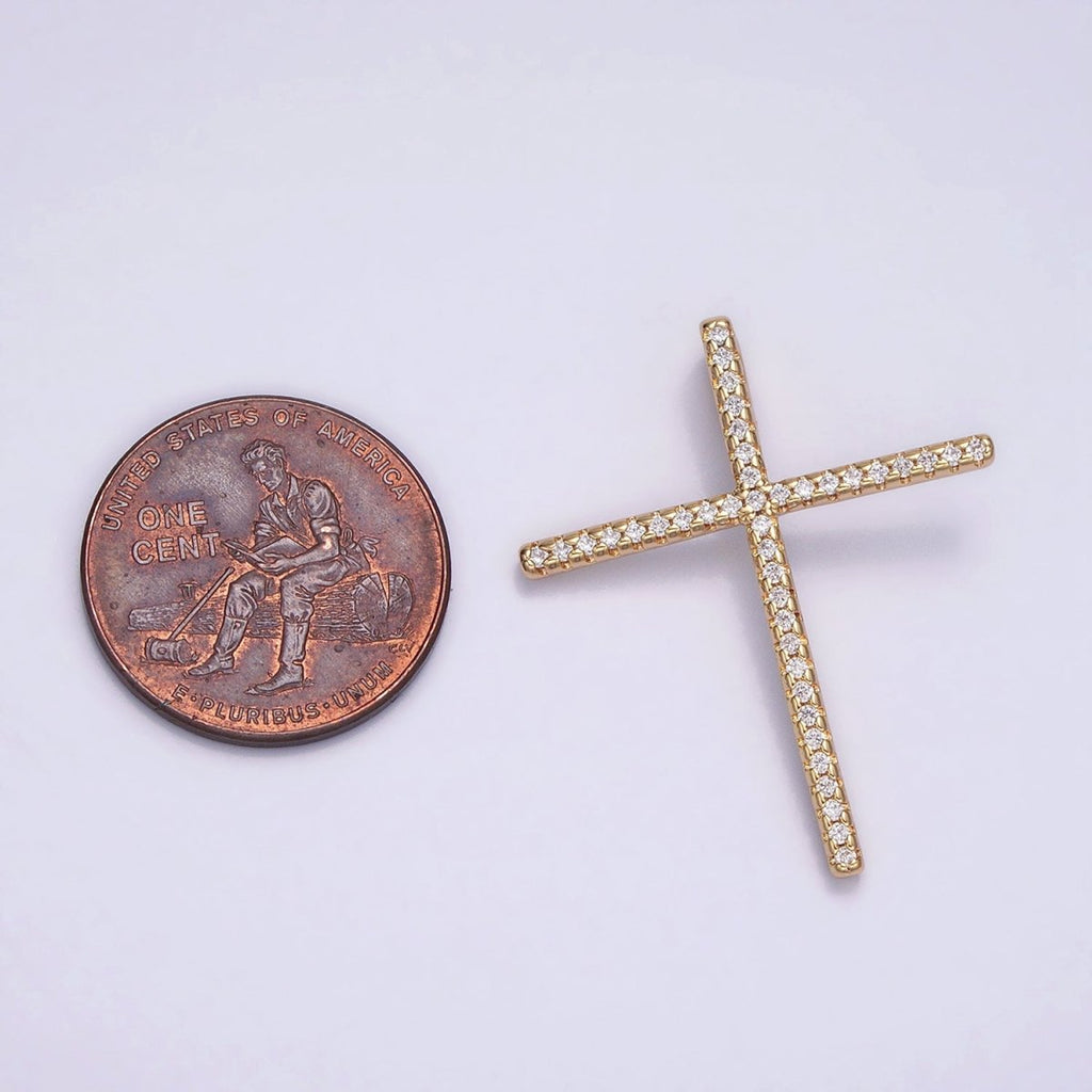 16K Gold plated 30mm Latin Cross Religious Micro Paved CZ Back Loop Pendant in Gold & Silver | AA373 AA374