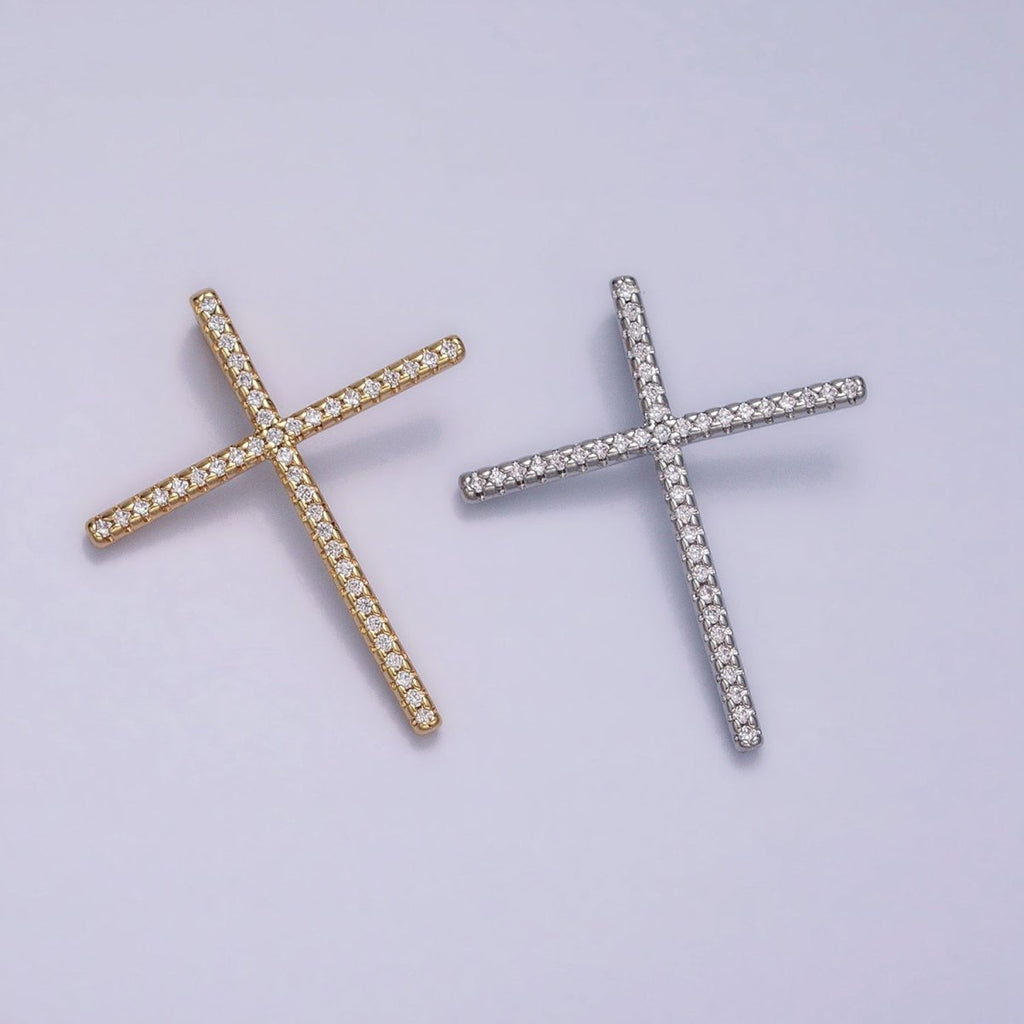 16K Gold plated 30mm Latin Cross Religious Micro Paved CZ Back Loop Pendant in Gold & Silver | AA373 AA374