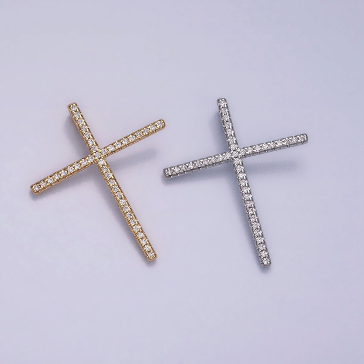 16K Gold plated 30mm Latin Cross Religious Micro Paved CZ Back Loop Pendant in Gold & Silver | AA373 AA374