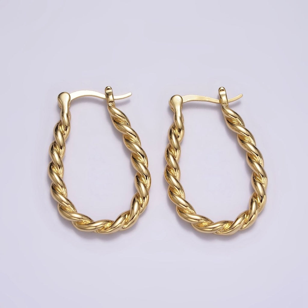 16K Gold plated 30mm Oblong Twisted Rope French Lock Latch Hoop Earrings | AE604 - DLUXCA