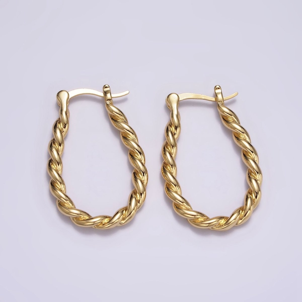 16K Gold plated 30mm Oblong Twisted Rope French Lock Latch Hoop Earrings | AE604 - DLUXCA