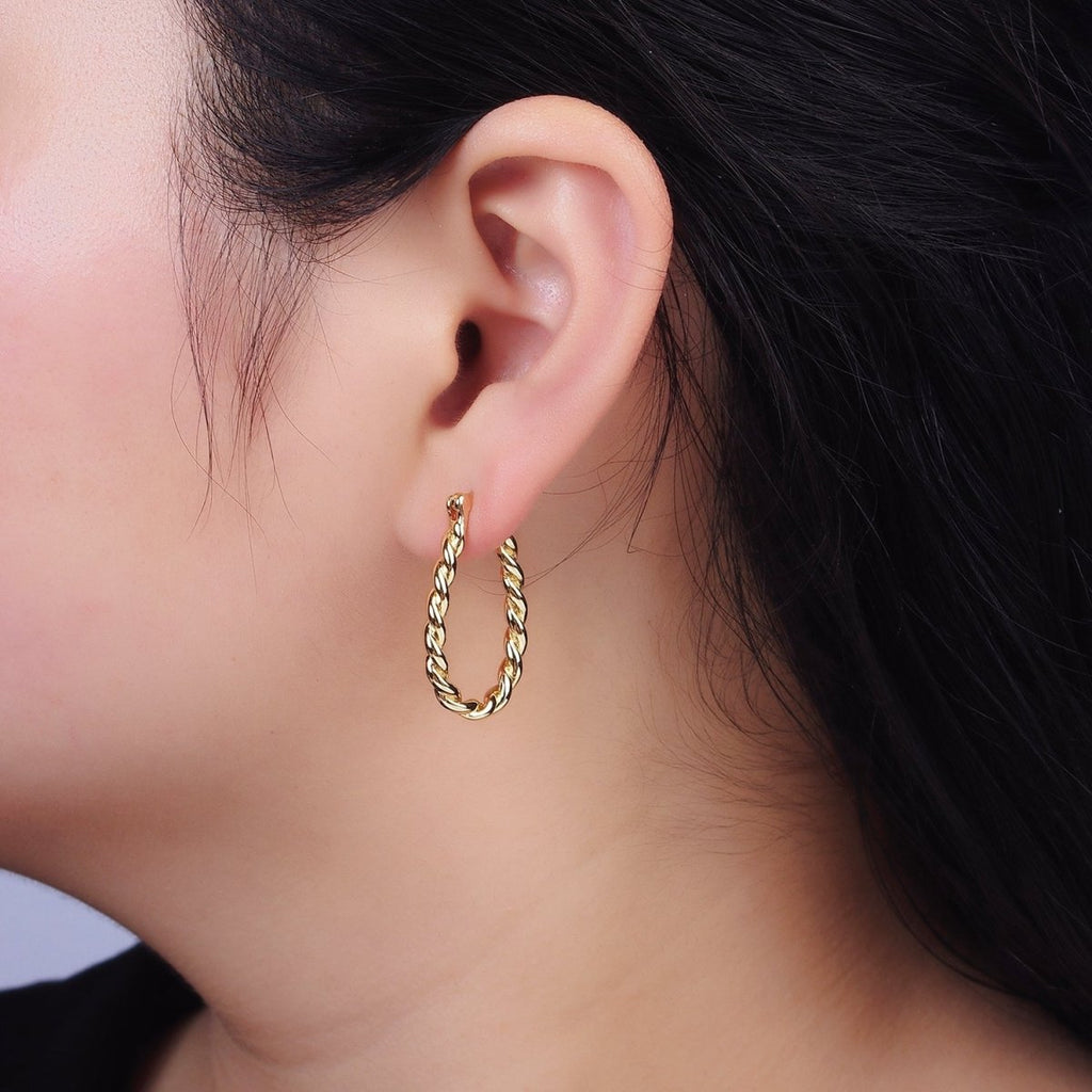 16K Gold plated 30mm Oblong Twisted Rope French Lock Latch Hoop Earrings | AE604 - DLUXCA