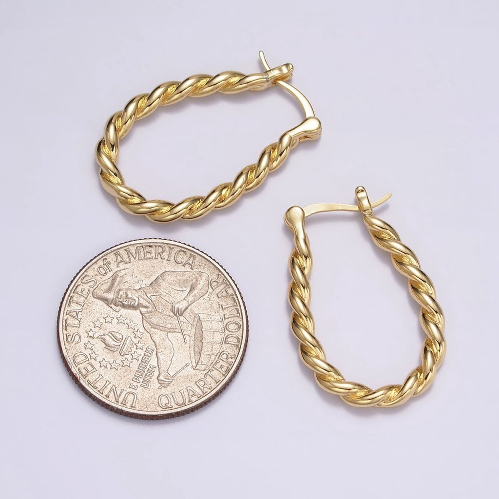 16K Gold plated 30mm Oblong Twisted Rope French Lock Latch Hoop Earrings | AE604 - DLUXCA