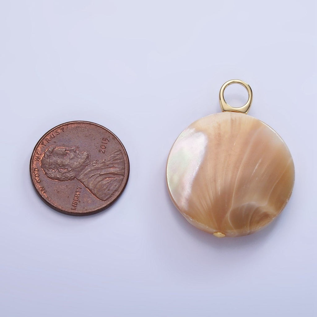 16K Gold plated 30mm Peach White Shell Pearl Flat Round Pendant | P1748 - DLUXCA