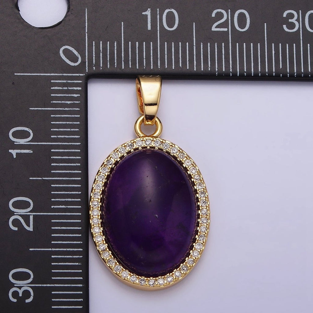 16K Gold plated 30mm Purple Amethyst Natural Gemstone Oval Cabochon Micro Paved CZ Pendant | AA438 - DLUXCA