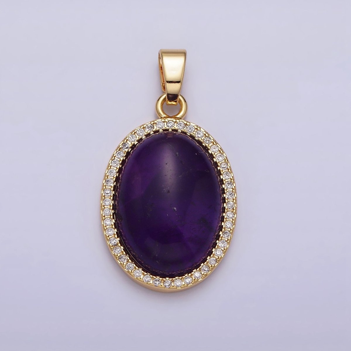 16K Gold plated 30mm Purple Amethyst Natural Gemstone Oval Cabochon Micro Paved CZ Pendant | AA438 - DLUXCA