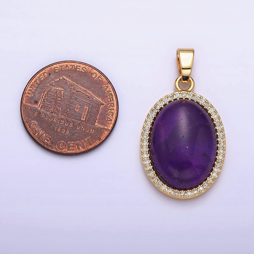 16K Gold plated 30mm Purple Amethyst Natural Gemstone Oval Cabochon Micro Paved CZ Pendant | AA438 - DLUXCA