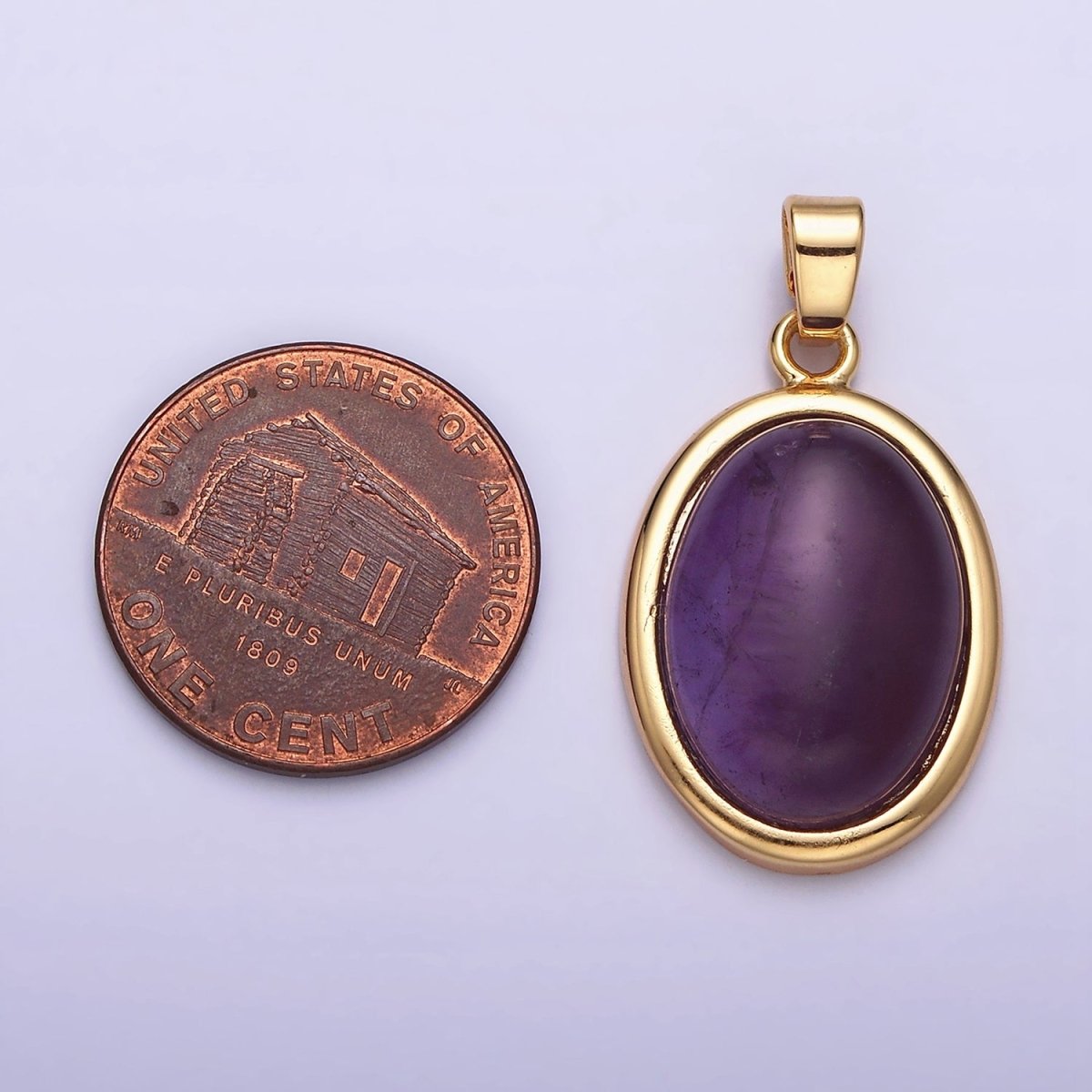 16K Gold plated 30mm Purple Amethyst Natural Gemstone Oval Cabochon Pendant | AA437 - DLUXCA