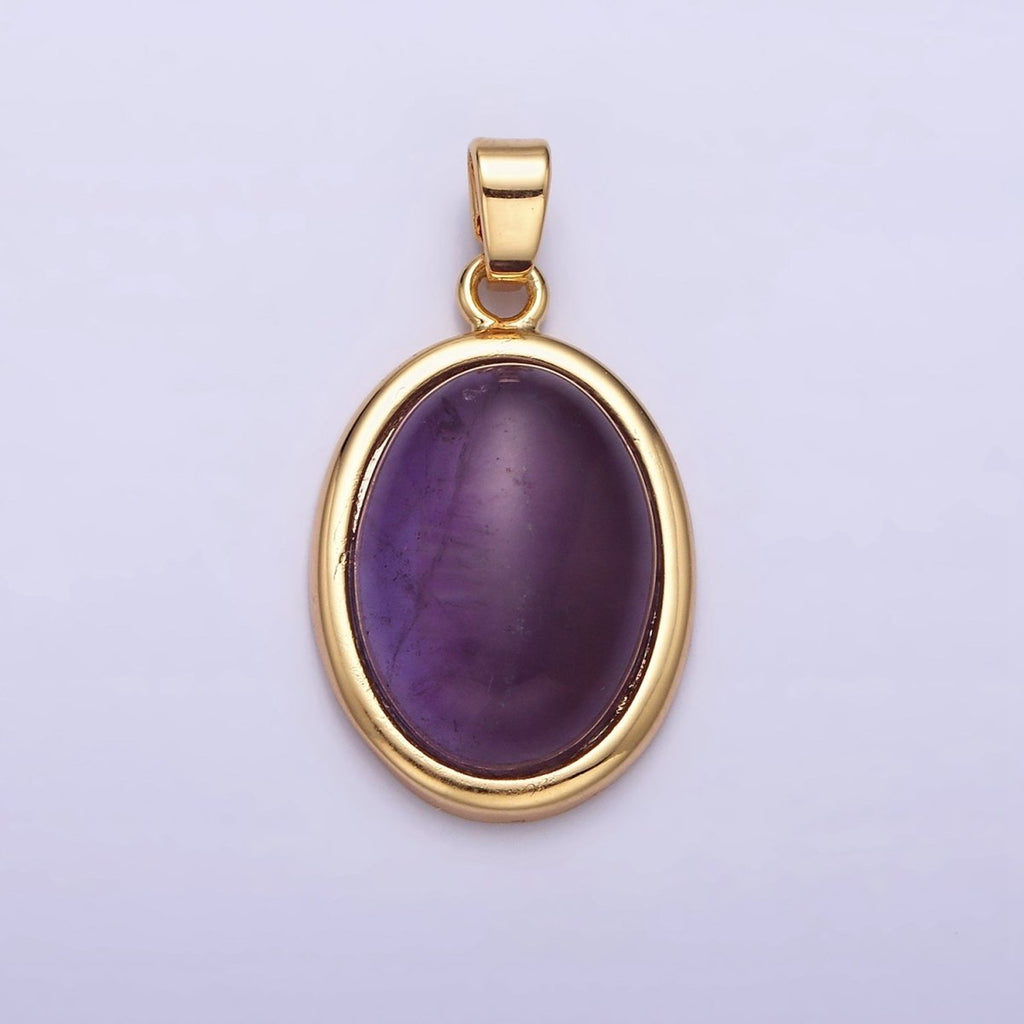 16K Gold plated 30mm Purple Amethyst Natural Gemstone Oval Cabochon Pendant | AA437 - DLUXCA