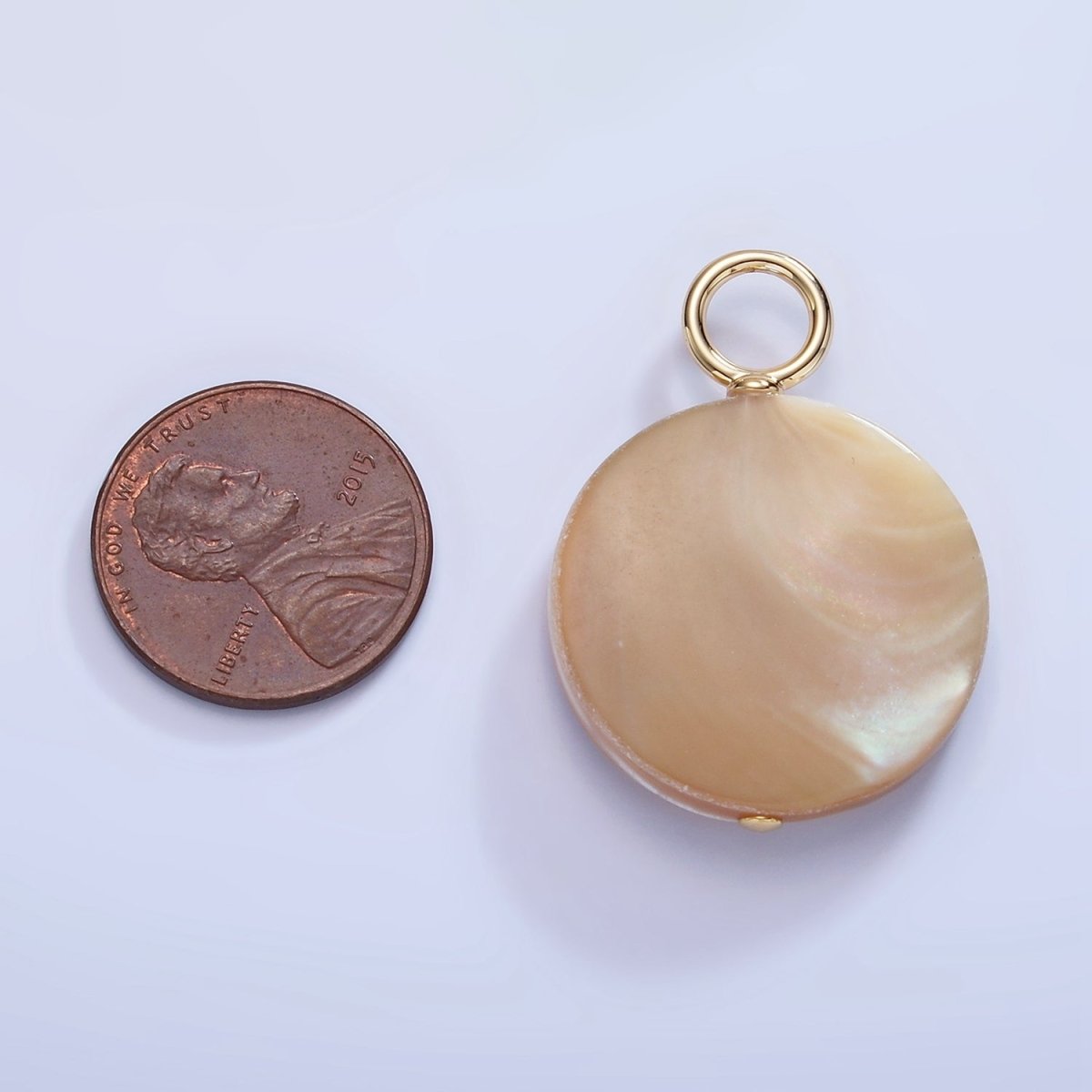 16K Gold plated 33mm Peach White Shell Pearl Flat Round Pendant | P1749 - DLUXCA