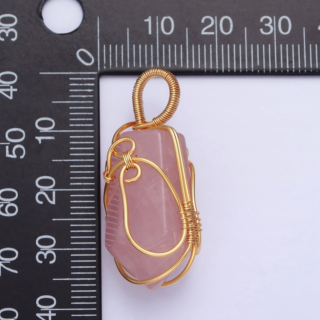 16K Gold plated 36mm Wired Rose Quartz Natural Gemstone Multifaceted Oblong Pendant | AA223 - DLUXCA