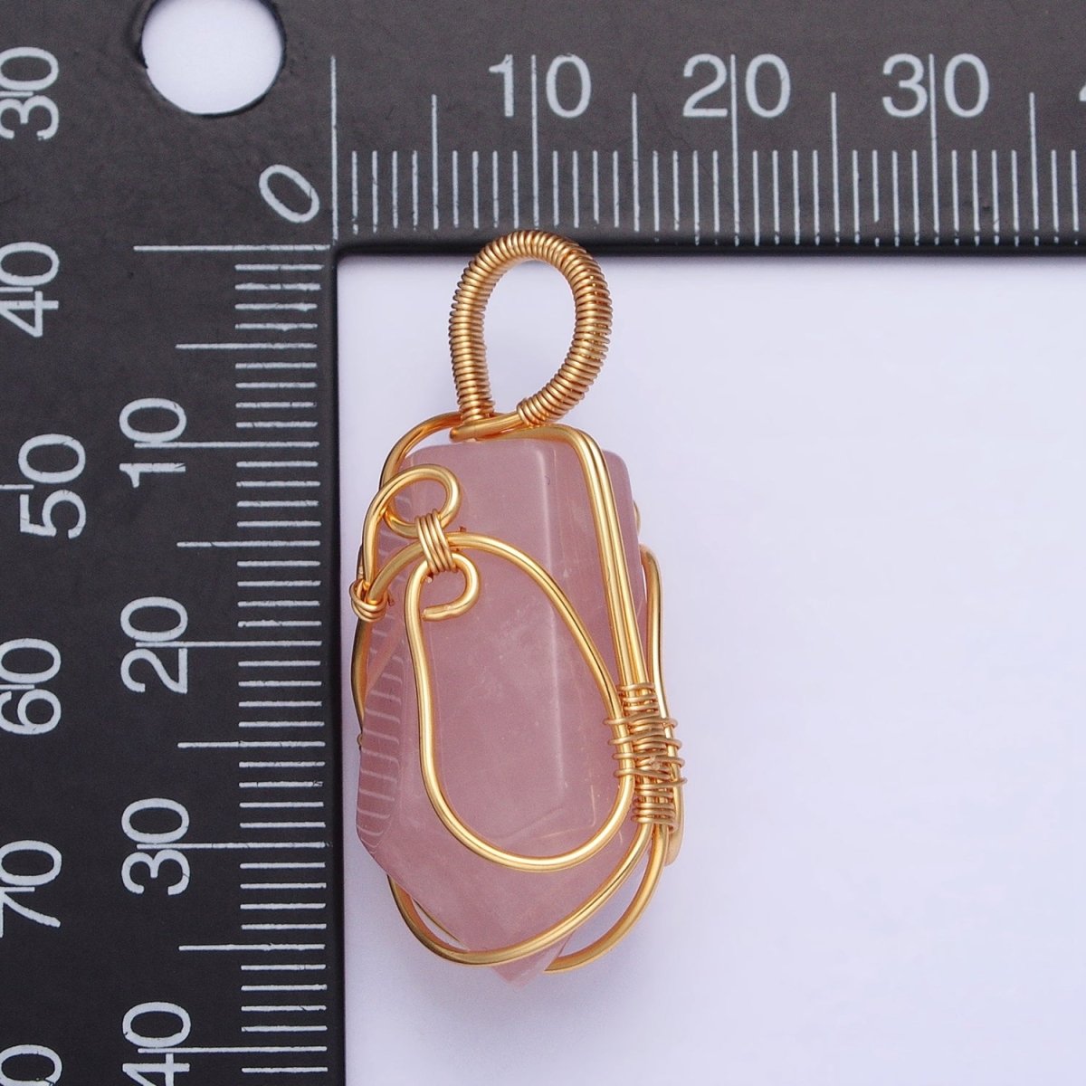 16K Gold plated 36mm Wired Rose Quartz Natural Gemstone Multifaceted Oblong Pendant | AA223 - DLUXCA