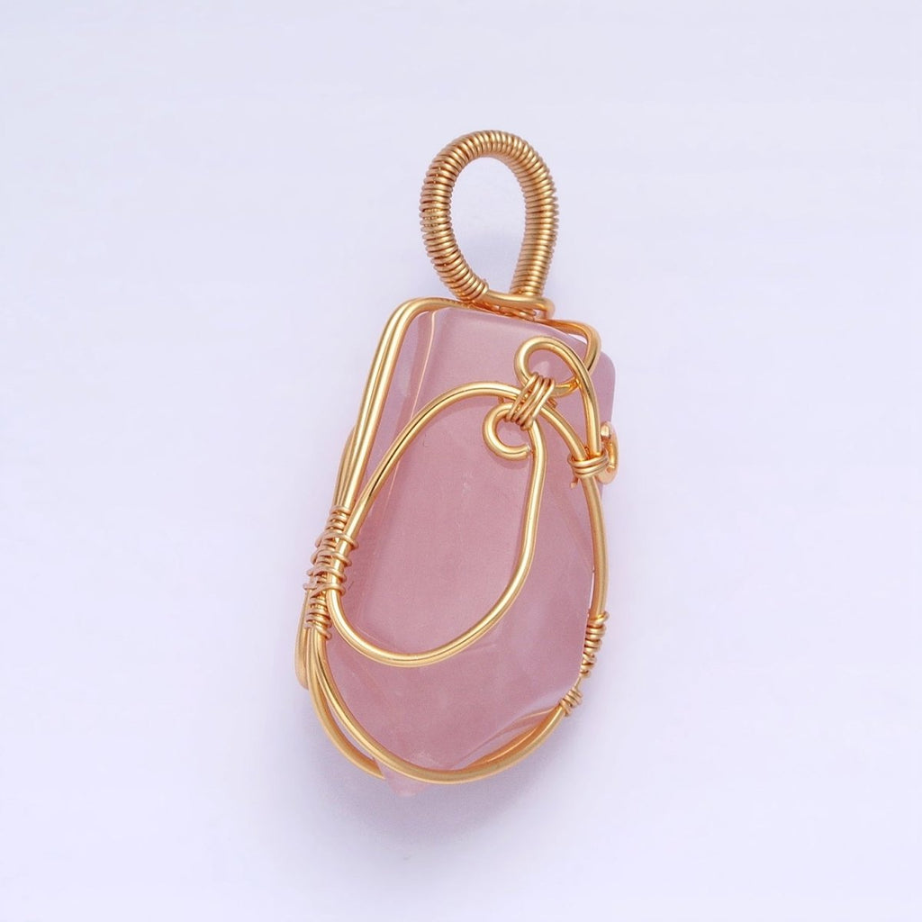 16K Gold plated 36mm Wired Rose Quartz Natural Gemstone Multifaceted Oblong Pendant | AA223 - DLUXCA