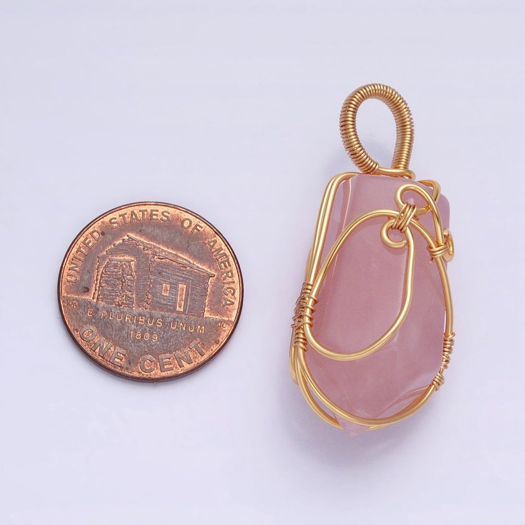 16K Gold plated 36mm Wired Rose Quartz Natural Gemstone Multifaceted Oblong Pendant | AA223 - DLUXCA