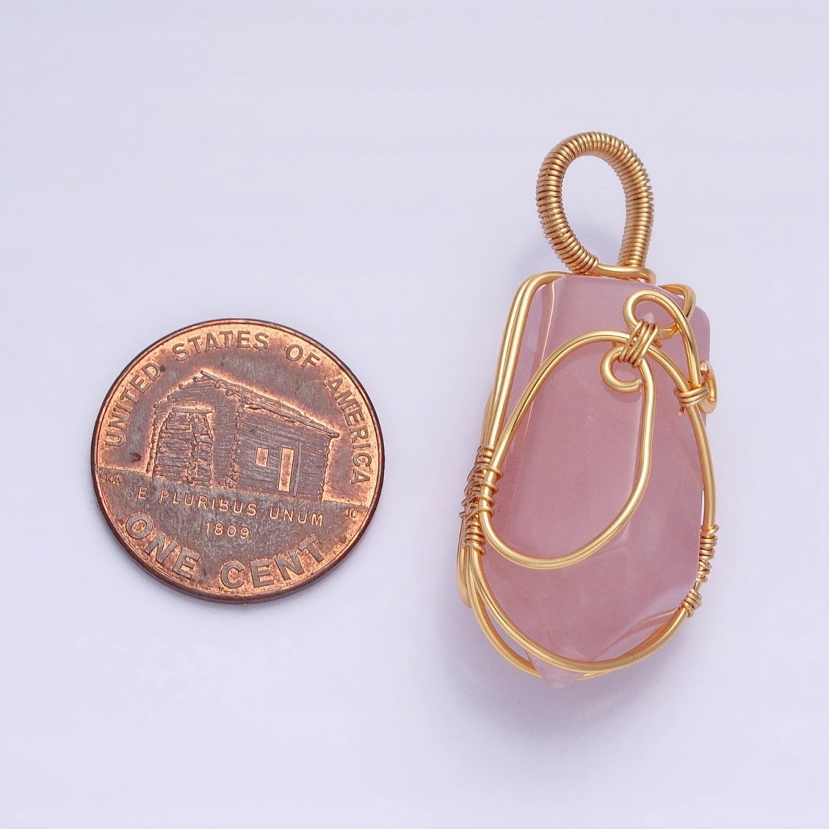 16K Gold plated 36mm Wired Rose Quartz Natural Gemstone Multifaceted Oblong Pendant | AA223 - DLUXCA