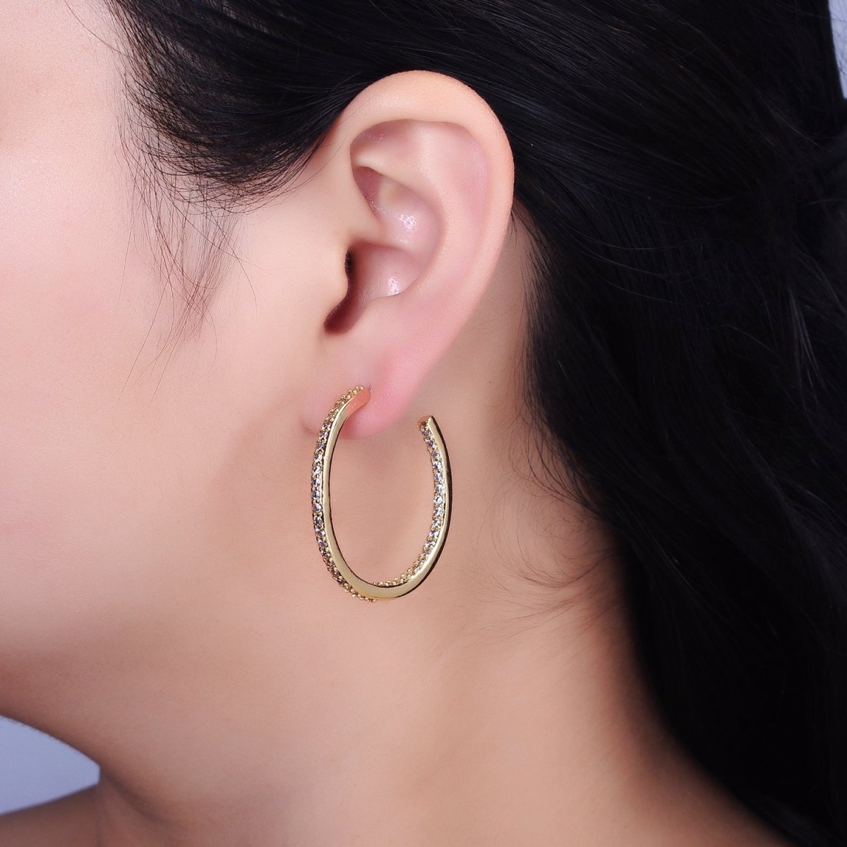 16K Gold plated 37mm Micro Paved CZ C-Shaped Hoop Earrings | AD1275 AD1276