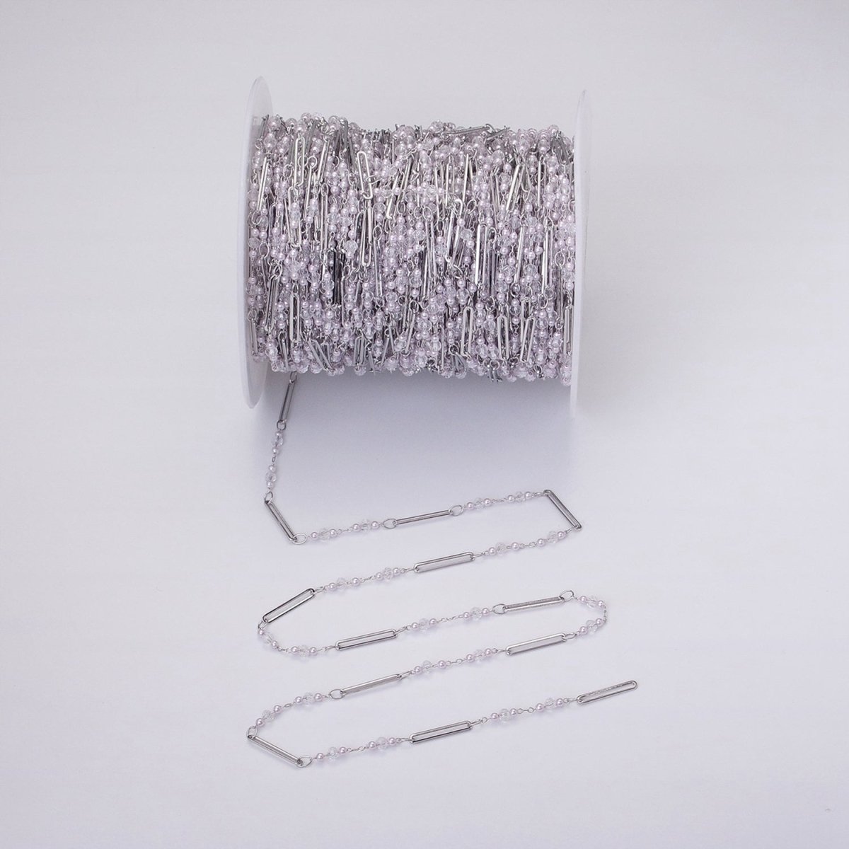 16K Gold plated 3mm Synthetic Pearl Clear Rondell Paperclip Link Unfinished Chain in Gold & Silver | ROLL-1341 ROLL-1342