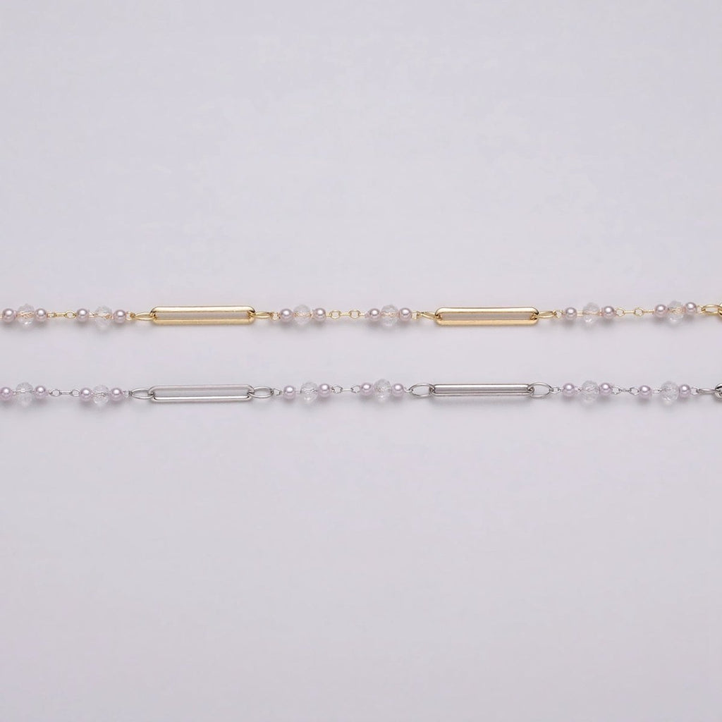 16K Gold plated 3mm Synthetic Pearl Clear Rondell Paperclip Link Unfinished Chain in Gold & Silver | ROLL-1341 ROLL-1342
