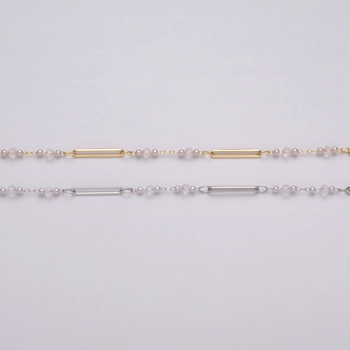 16K Gold plated 3mm Synthetic Pearl Clear Rondell Paperclip Link Unfinished Chain in Gold & Silver | ROLL-1341 ROLL-1342