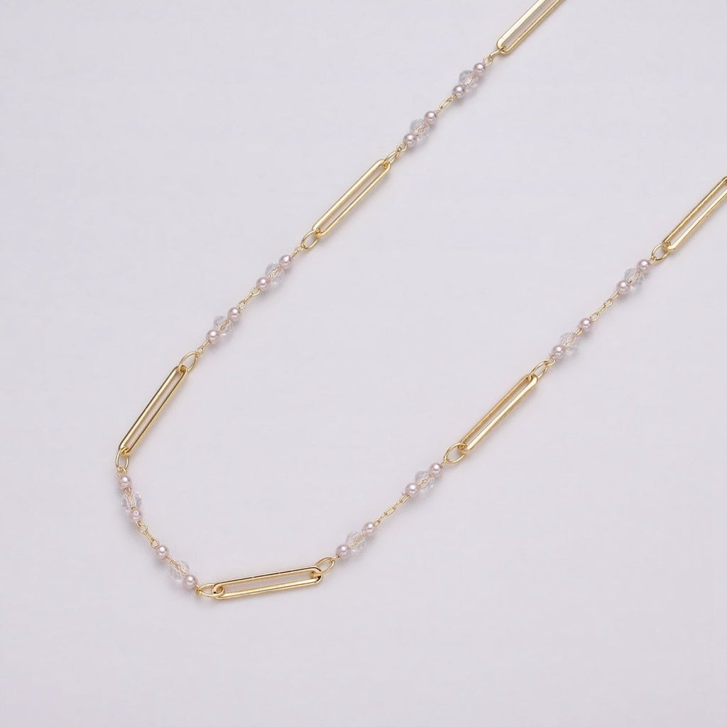 16K Gold plated 3mm Synthetic Pearl Clear Rondell Paperclip Link Unfinished Chain in Gold & Silver | ROLL-1341 ROLL-1342