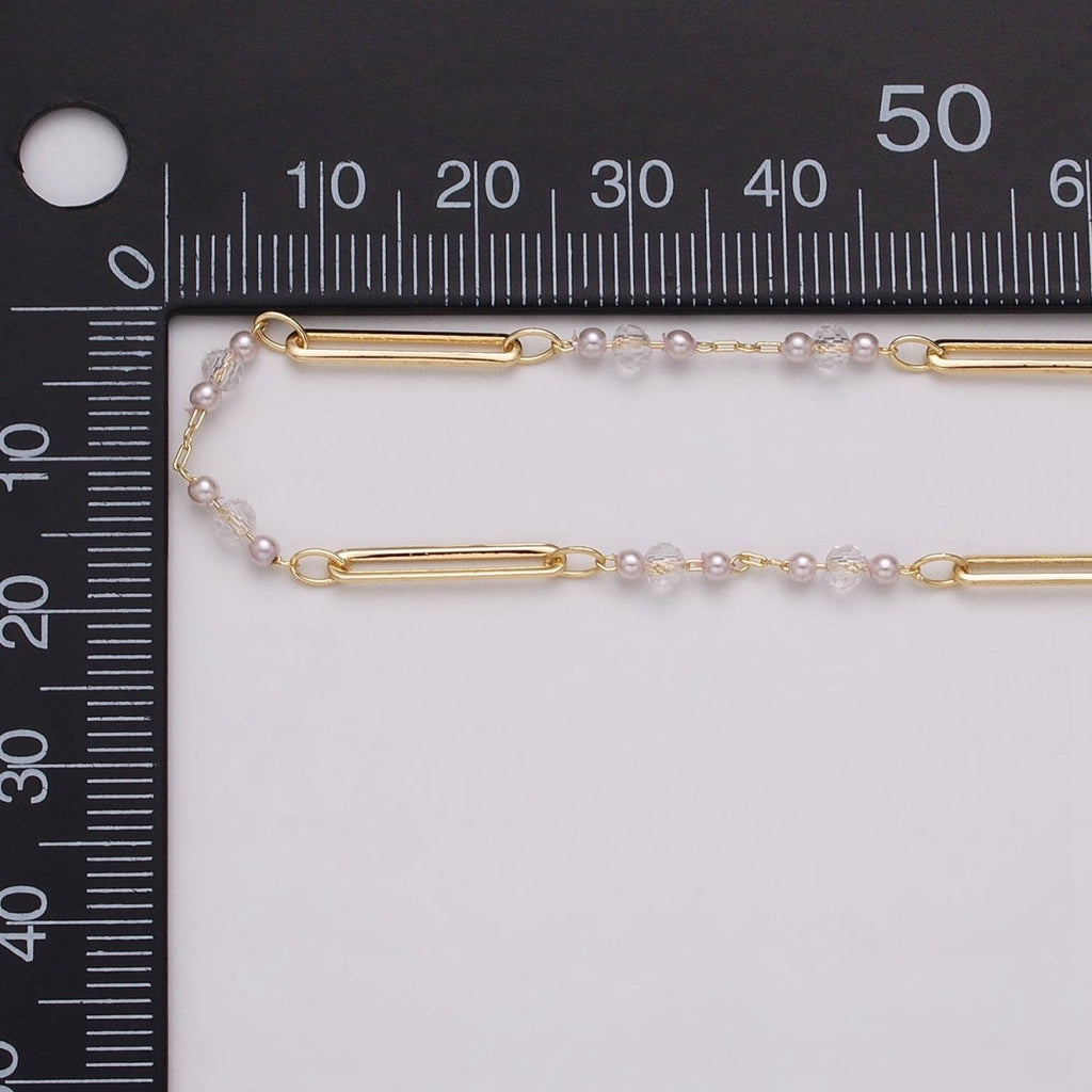 16K Gold plated 3mm Synthetic Pearl Clear Rondell Paperclip Link Unfinished Chain in Gold & Silver | ROLL-1341 ROLL-1342
