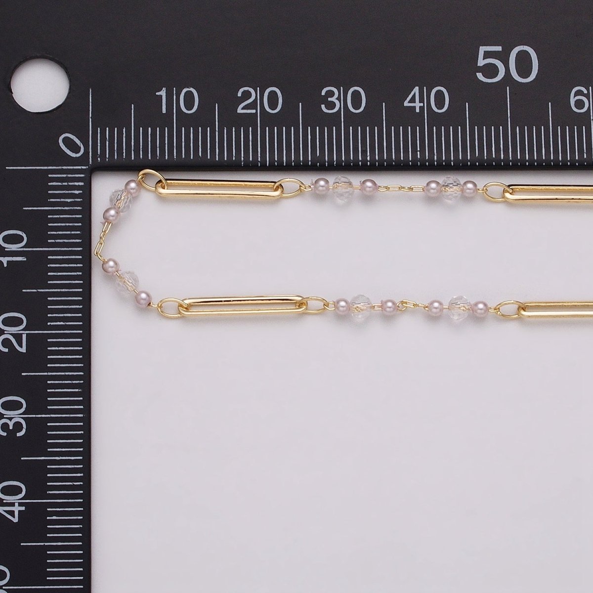 16K Gold plated 3mm Synthetic Pearl Clear Rondell Paperclip Link Unfinished Chain in Gold & Silver | ROLL-1341 ROLL-1342