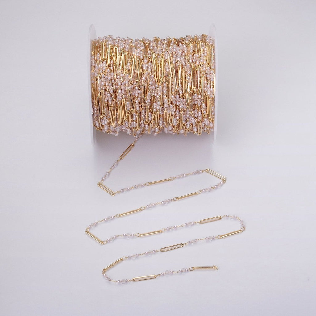 16K Gold plated 3mm Synthetic Pearl Clear Rondell Paperclip Link Unfinished Chain in Gold & Silver | ROLL-1341 ROLL-1342