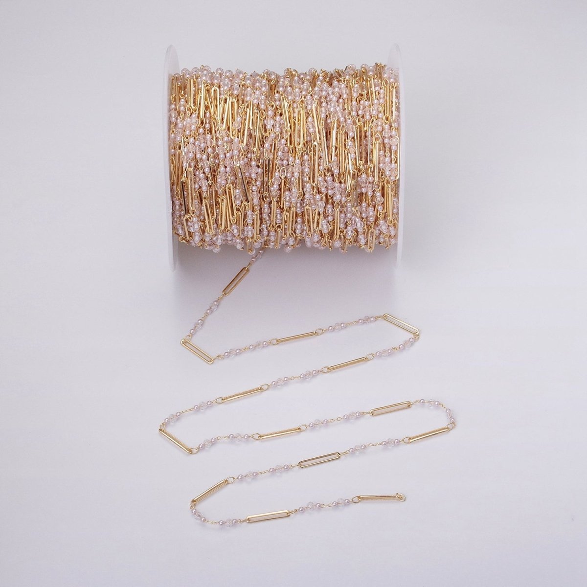 16K Gold plated 3mm Synthetic Pearl Clear Rondell Paperclip Link Unfinished Chain in Gold & Silver | ROLL-1341 ROLL-1342