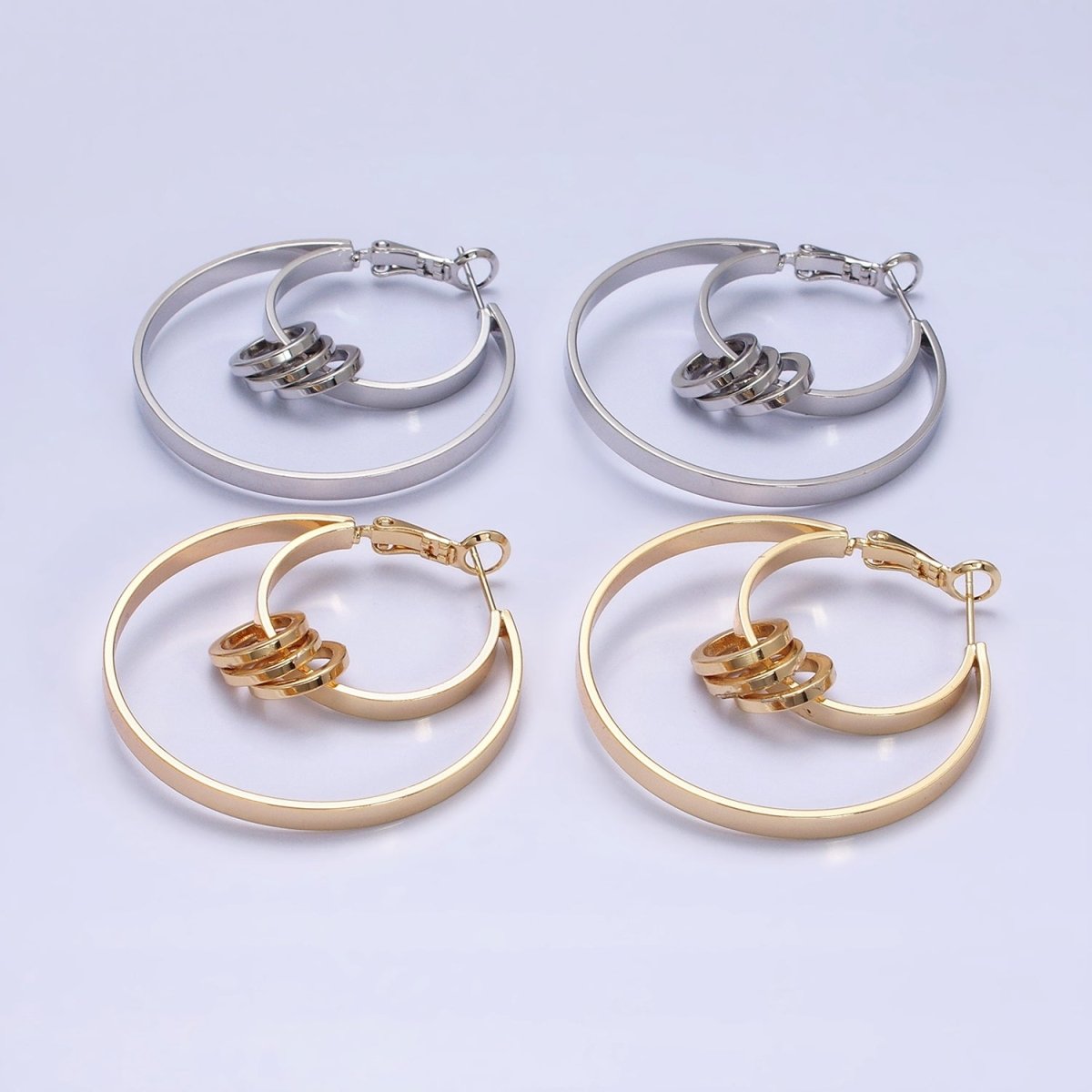 16K Gold plated 40mm Multiple Round Band Geometric Hinge Hoop Earrings in Gold & Silver | AE051 AE052 - DLUXCA