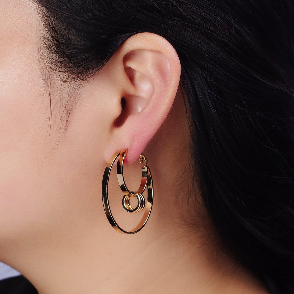 16K Gold plated 40mm Multiple Round Band Geometric Hinge Hoop Earrings in Gold & Silver | AE051 AE052 - DLUXCA