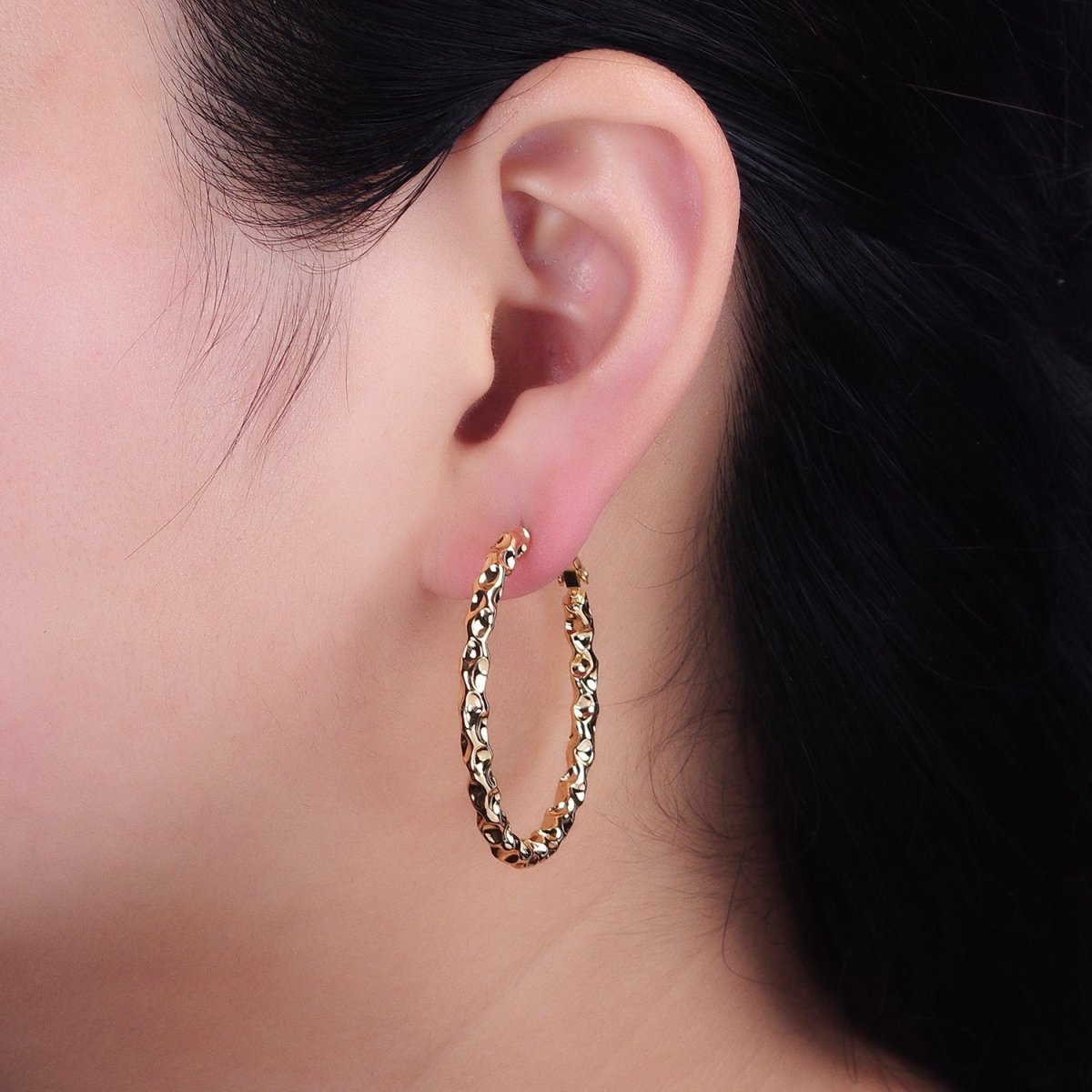 16K Gold plated 40mm Thin Hammered Hinge Hoop Earrings in Gold & Silver | AB1486 AB1487 - DLUXCA