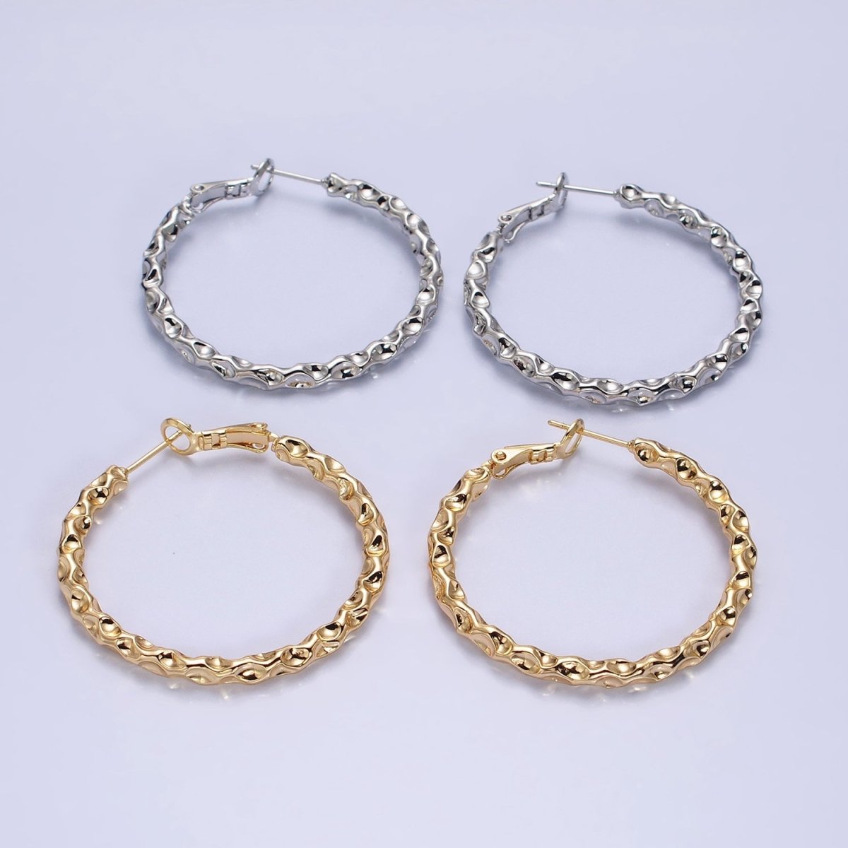 16K Gold plated 40mm Thin Hammered Hinge Hoop Earrings in Gold & Silver | AB1486 AB1487 - DLUXCA