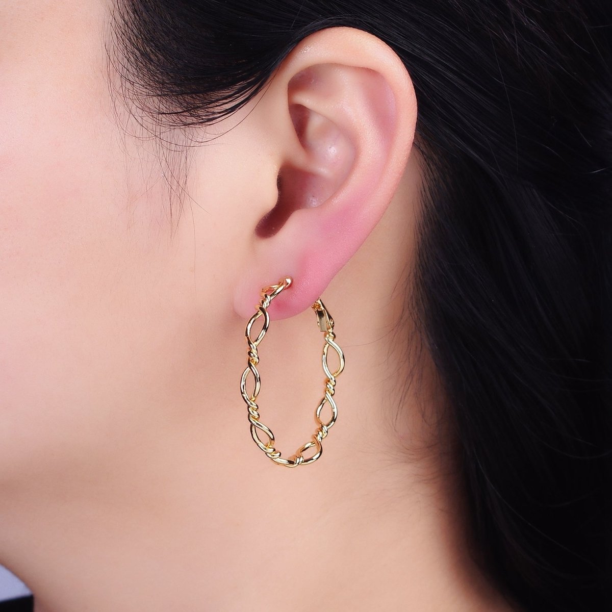 16K Gold plated 40mm Twisted Band Chain Link Hinge Hoop Earrings in Gold & Silver | AD1072 AD1073