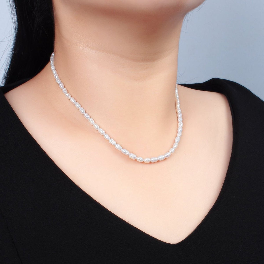 16K Gold plated 4mm Ringed Freshwater Pearl 15 Inch Necklace w. Extender | WA - 2628 - DLUXCA