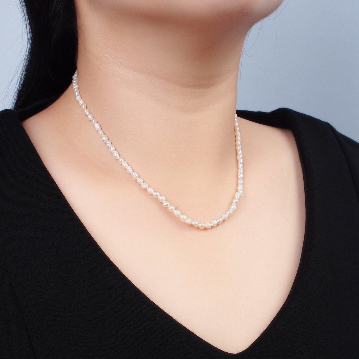 16K Gold plated 4mm White Baroque Freshwater Pearl 14.5 Inch Necklace w. Extender | WA - 2629 - DLUXCA