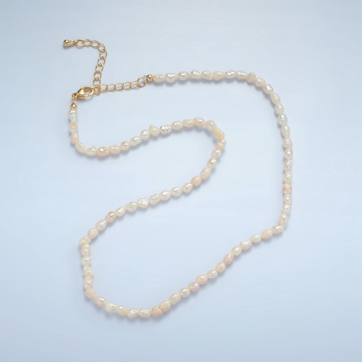 16K Gold plated 4mm White Baroque Freshwater Pearl 14.5 Inch Necklace w. Extender | WA - 2629 - DLUXCA
