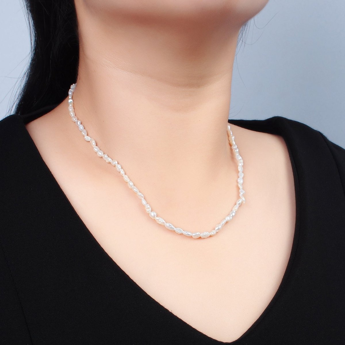 16K Gold plated 4mm White Biwa Baroque Freshwater Pearl 16 Inch Necklace w. Extender | WA-2631